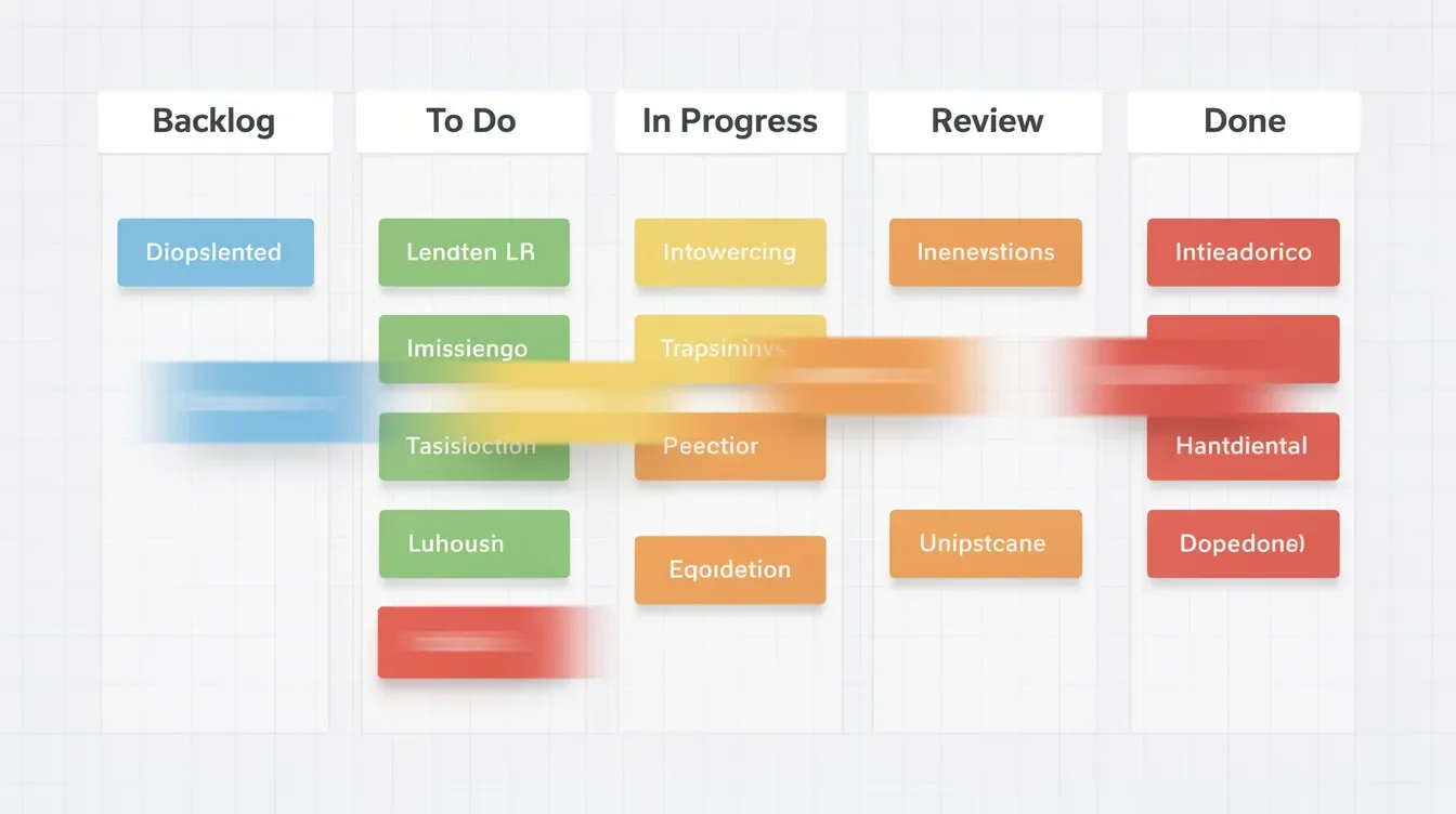 The image depicts a Kanban board featuring colorful cards progressing through various columns from left to right, representing the workflow of a coaching business. This visual illustrates the organization of tasks and stages, essential for managing coaching services and enhancing long-term business growth.