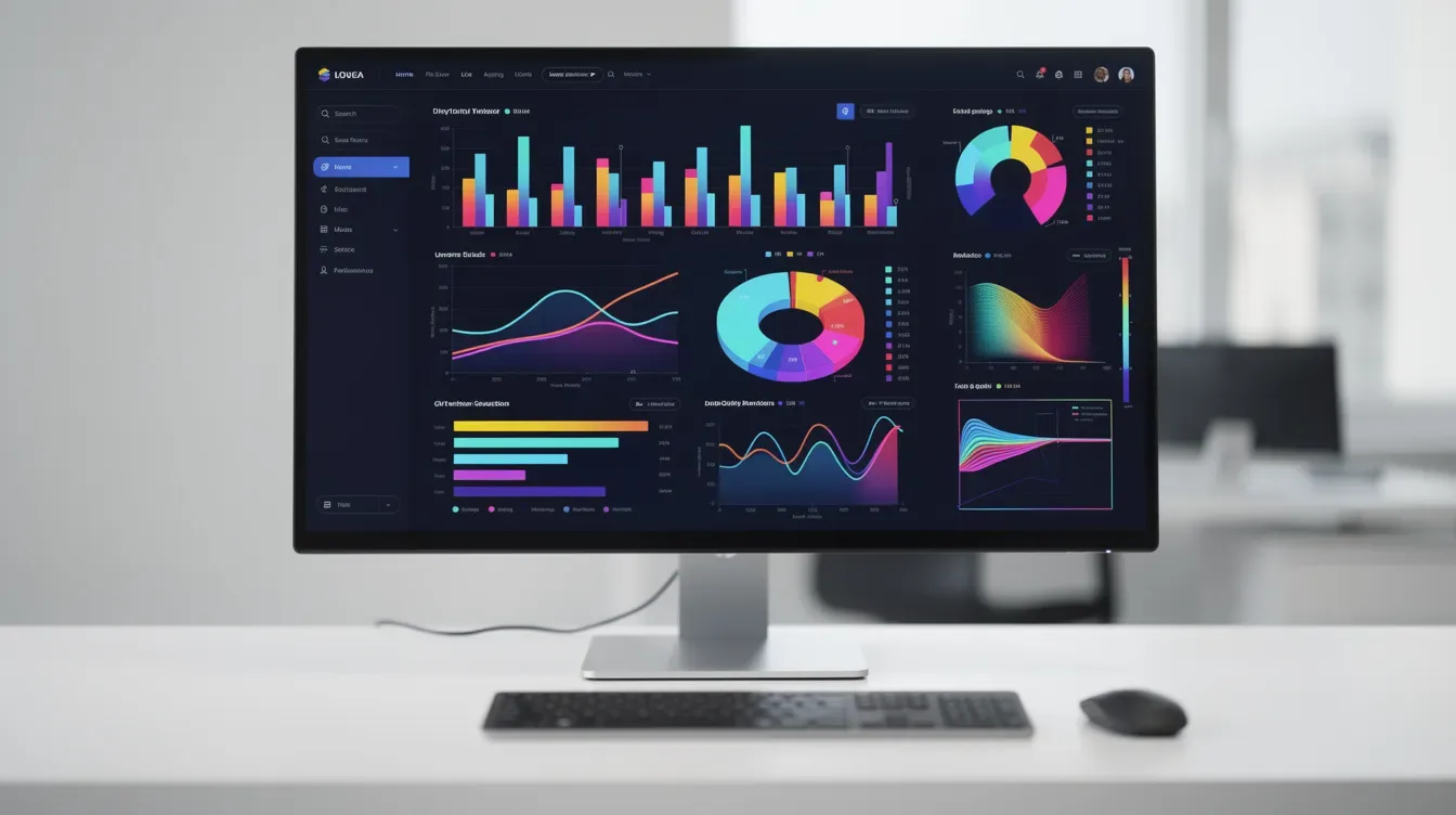 The image shows a computer monitor filled with vibrant analytics charts and graphs, representing data-driven decisions for a sales team. These visualizations provide actionable insights into sales processes and marketing campaigns, essential for optimizing performance and driving revenue growth.