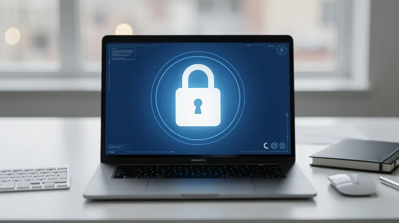 The image depicts a secure padlock icon prominently displayed on a laptop screen, symbolizing safety in client management within a clean and professional setting. This visual represents the importance of secure client communication and payment handling in a coaching business or platform.