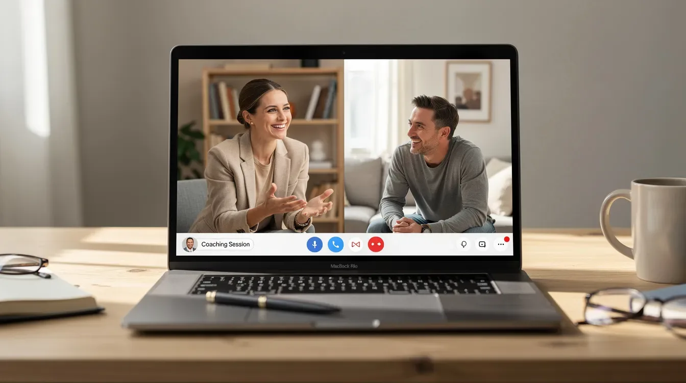 The image shows a coach and a client engaged in a friendly video call on a laptop screen, highlighting the personal connection possible in a coaching business. This interaction exemplifies how many coaches use user-friendly tools like Paperbell to manage client sessions and streamline their coaching packages.