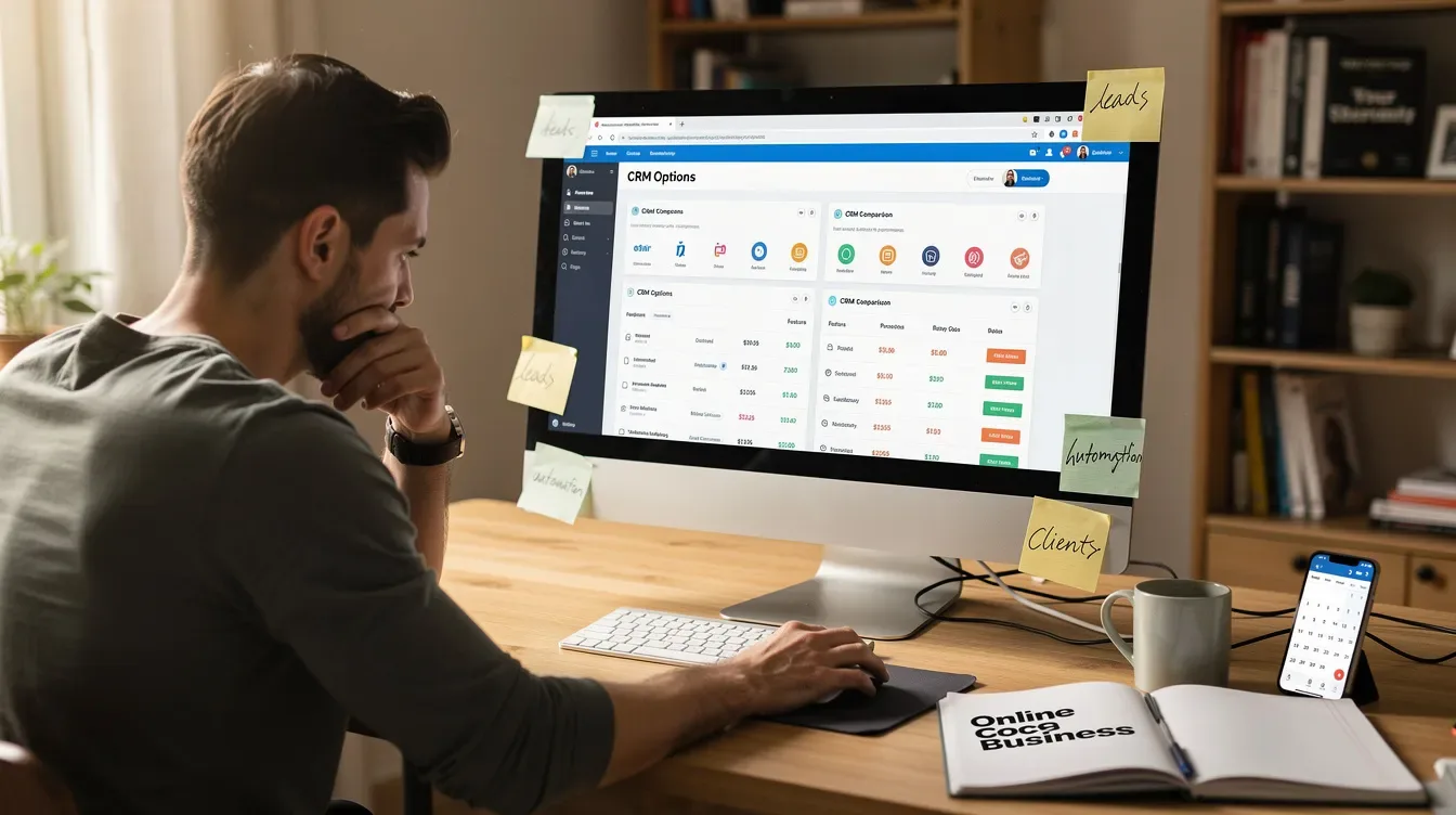 The image depicts an online coach seated at a desk, intently examining various CRM software options on his computer screen, contemplating which platform offers the best features for selling online courses. The screen displays comparisons of marketing automation tools and course hosting capabilities, highlighting the search for an all-in-one solution that meets his coaching business needs.