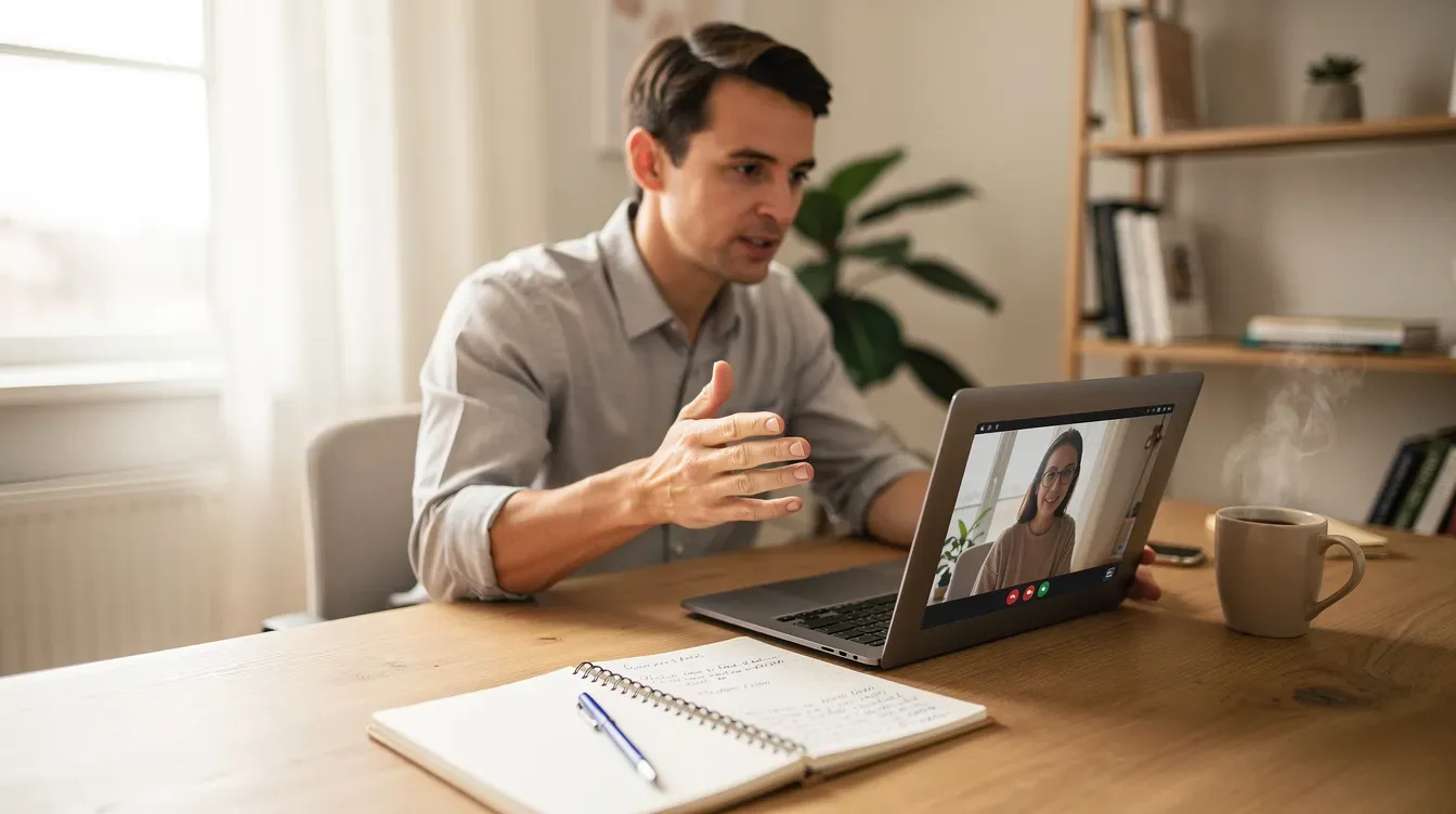 A professional coach is seated at a desk, focused on a video call displayed on their laptop, with a notebook and a steaming cup of coffee nearby. This scene captures the essence of managing client relationships and conducting coaching sessions through an online coaching platform, emphasizing the blend of personal development and administrative tasks in their coaching practice.