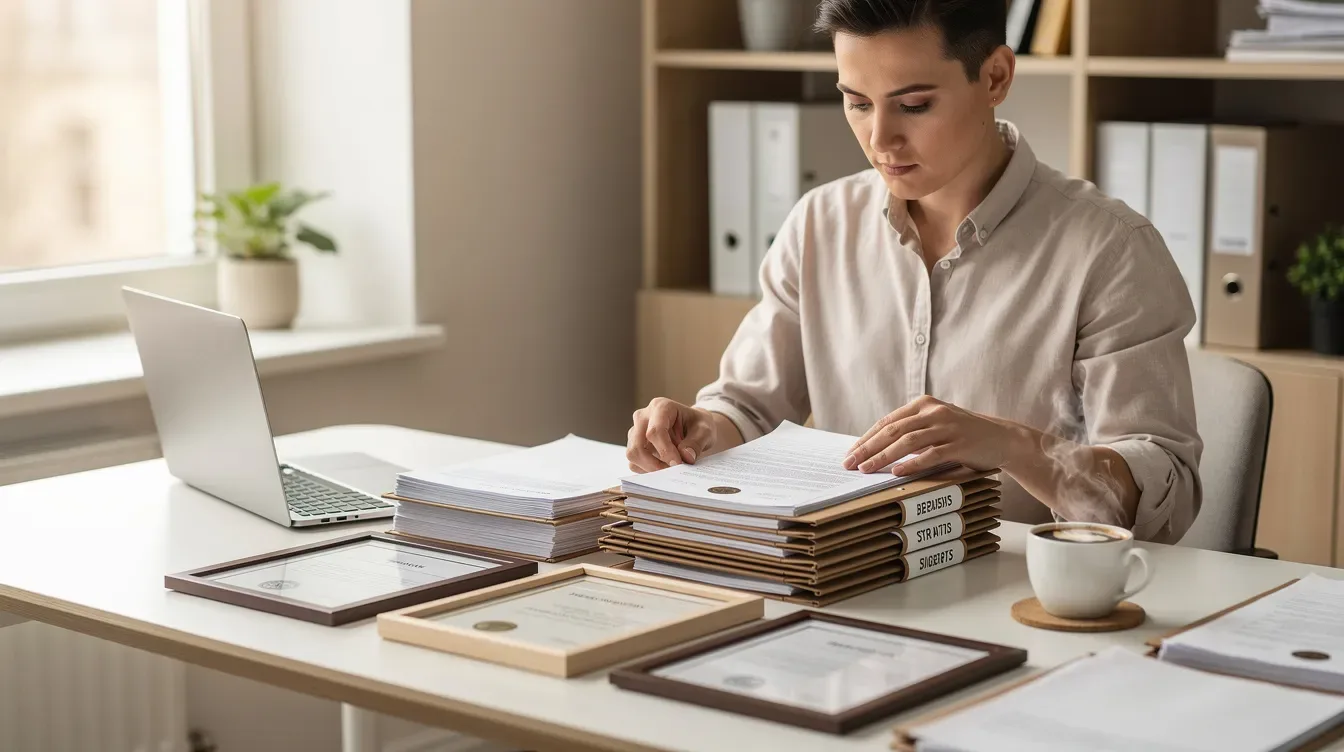 A person is organizing documents and certificates at a tidy desk, accompanied by a cup of coffee, reflecting a well-managed coaching business. The scene emphasizes the importance of administrative tasks and client management in enhancing the overall client experience.