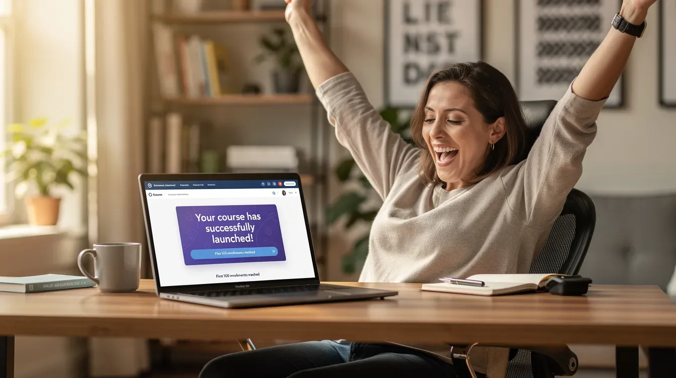 A joyful coach is celebrating at their desk, with a laptop open displaying a successful course launch notification, symbolizing the excitement of growing their coaching business. This moment highlights the effectiveness of using Kajabi, an all-in-one platform for coaching programs, to manage clients and streamline online courses.