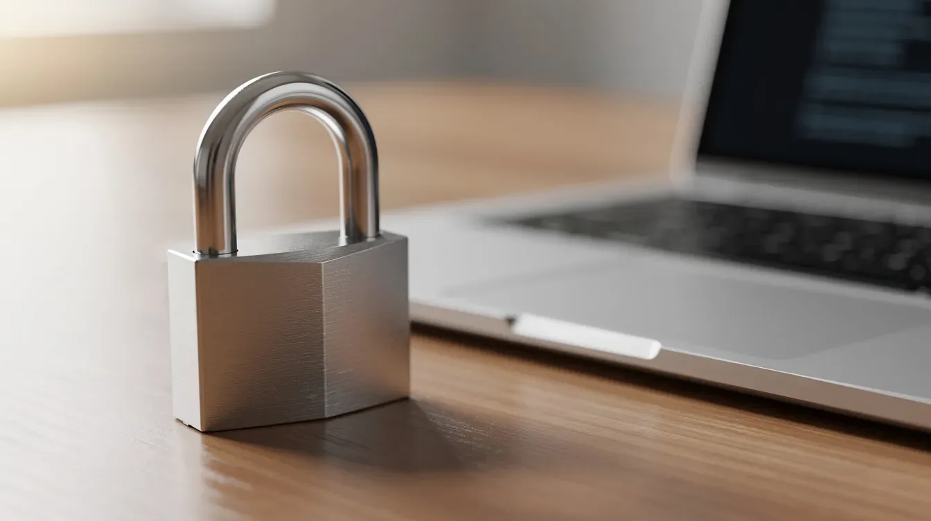 A close-up image of a secure padlock on a wooden desk beside a laptop, representing the importance of data security in the health and wellness industry. This symbolizes how wellness coaches can protect client data while managing their coaching practices effectively.