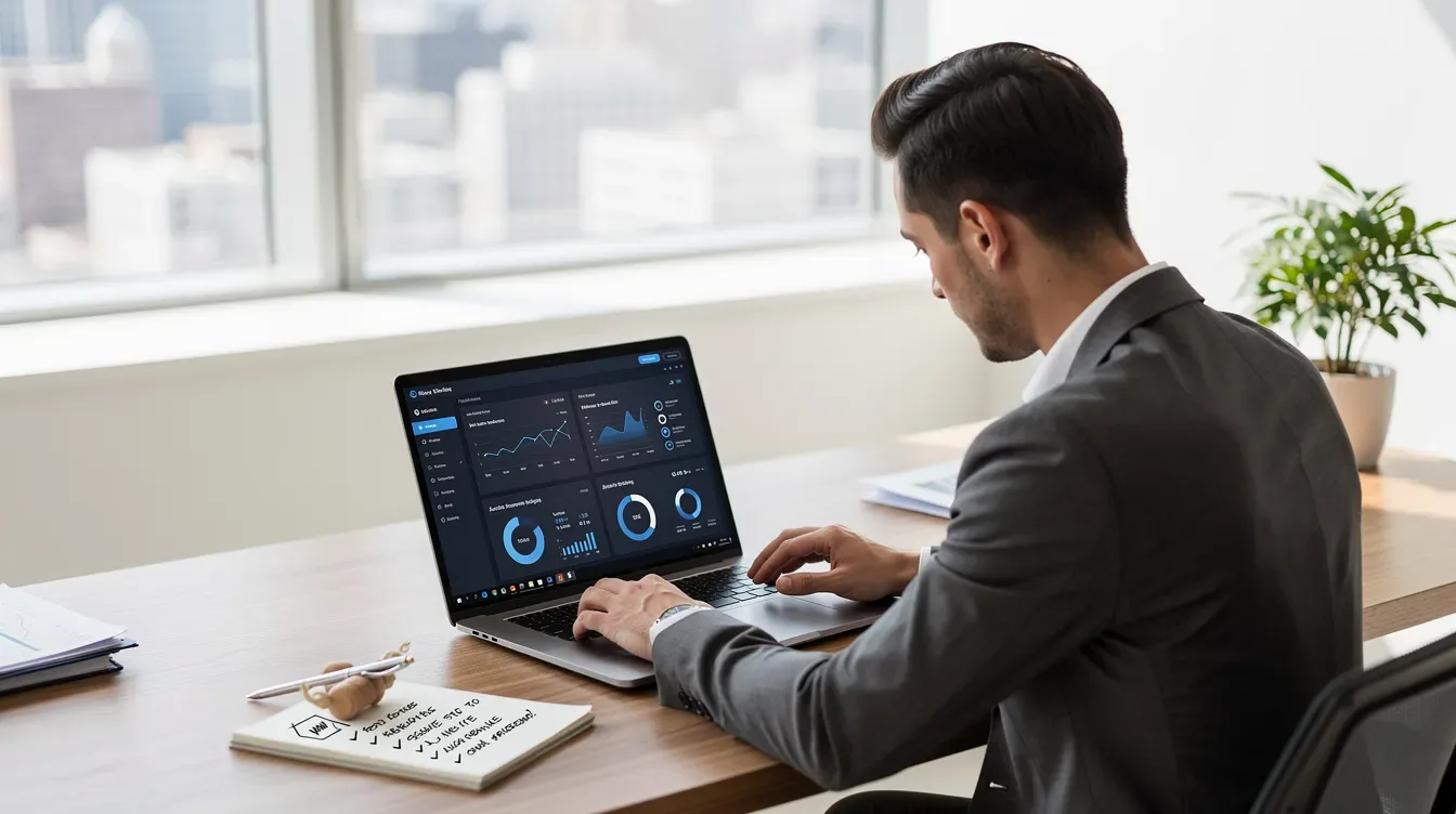 A coach is seated at a modern desk, intently analyzing various coaching software options on their laptop screen, which displays multiple client management tools. The bright office environment suggests a focus on enhancing the client experience and streamlining administrative tasks for their coaching business.