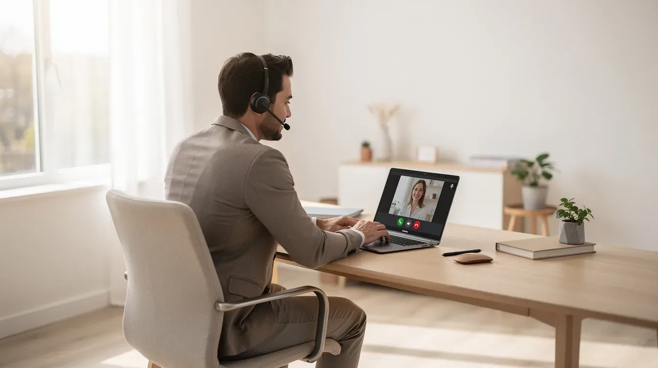 The image depicts a professional coach engaged in a video call on a laptop within a bright, minimalist home office, showcasing a serene environment ideal for coaching sessions. This setting highlights the importance of a successful coaching business, emphasizing the use of coaching software and client management tools for a seamless client experience.