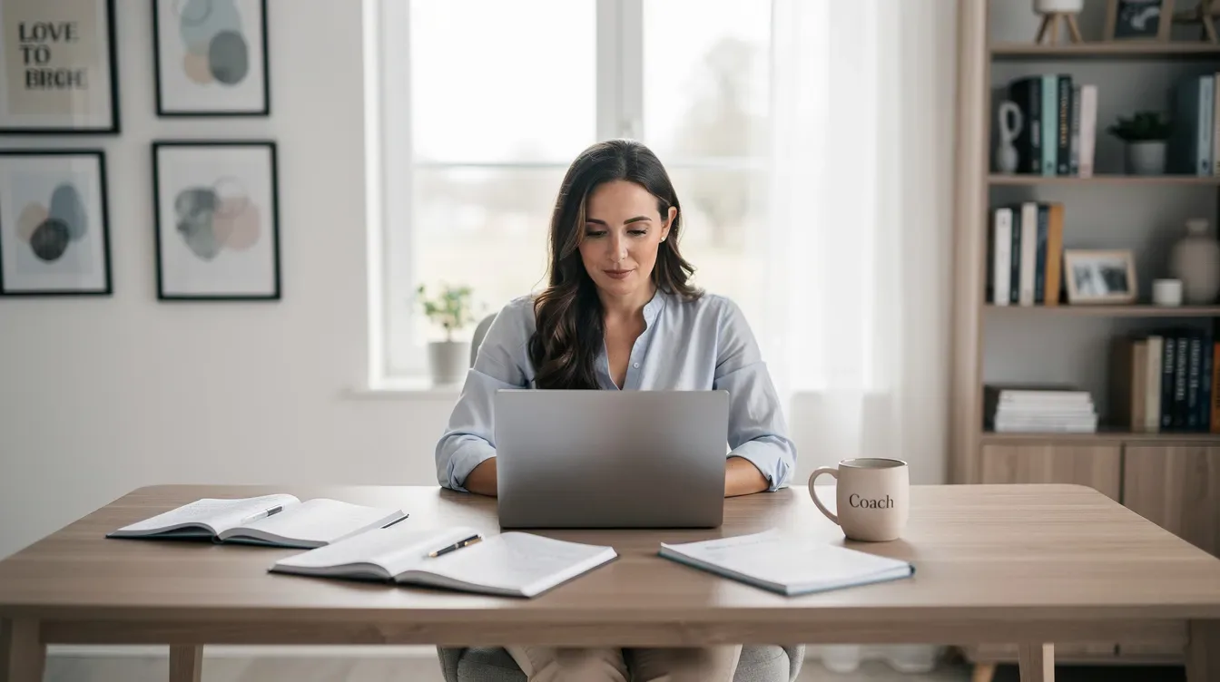 A coach is focused on their laptop in a bright, modern home office, surrounded by notebooks and a coffee mug on the desk, illustrating a professional environment ideal for managing coaching sessions and developing coaching programs. This setup highlights the importance of using tools like Kajabi for streamlining a coaching business and connecting with clients effectively.