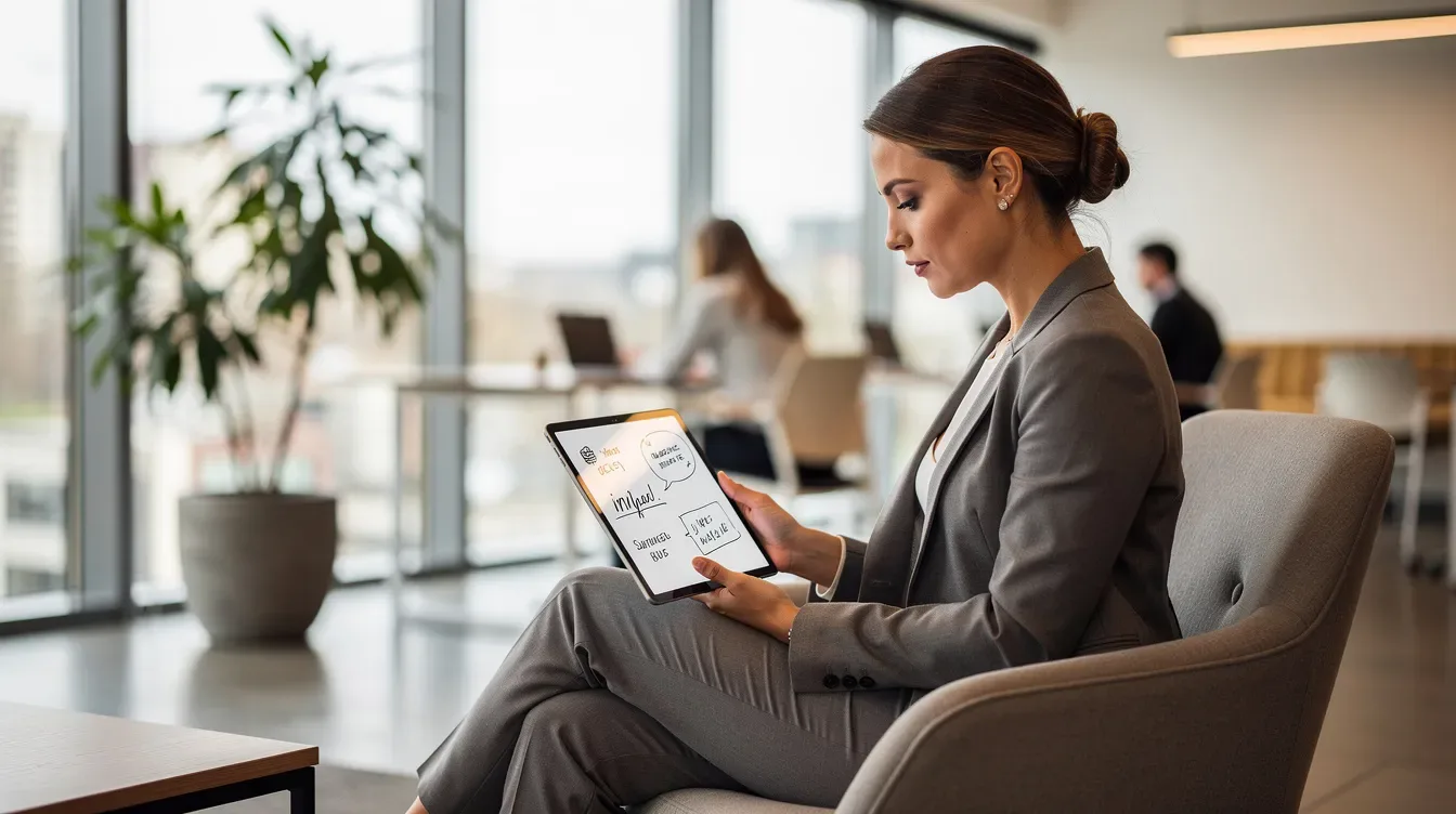 A professional woman sits in a modern coworking space, intently reviewing notes on her tablet, likely managing her coaching business and preparing for upcoming coaching sessions. The contemporary setting reflects a productive atmosphere, ideal for client management and enhancing her coaching practice.
