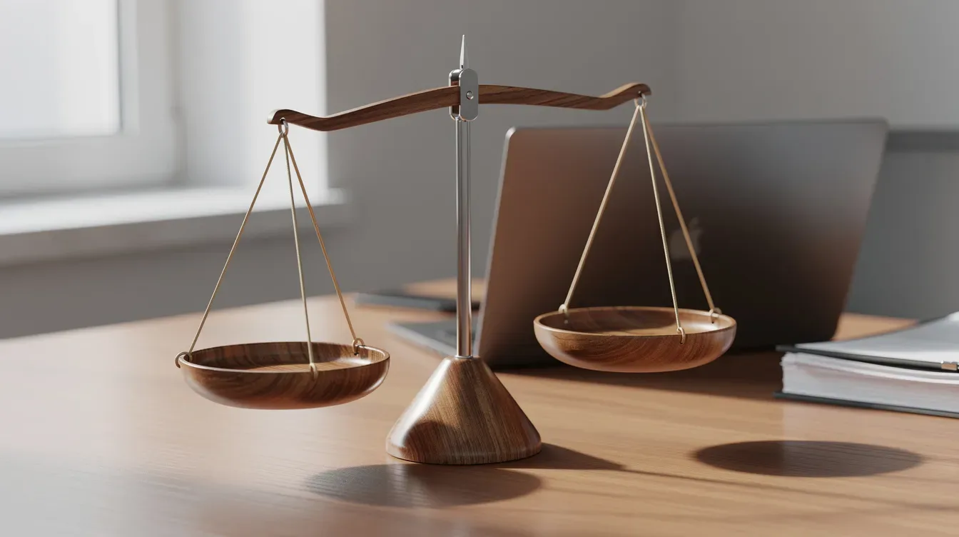 The image shows a balanced wooden scale placed on a desk, symbolizing the weighing of pros and cons, which is essential in the coaching process for life coaches and business coaches alike. This visual representation reflects the careful consideration needed when managing coaching clients and making decisions in a coaching practice.