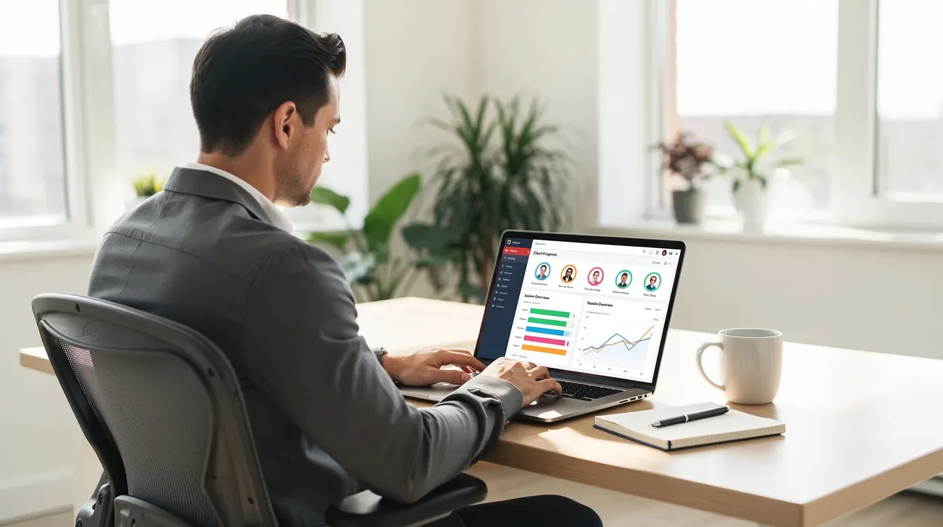A coach is seated at a laptop in a bright office space, reviewing client progress on a coaching management platform dashboard. The environment is organized and inviting, reflecting a professional training atmosphere that supports effective coaching sessions.