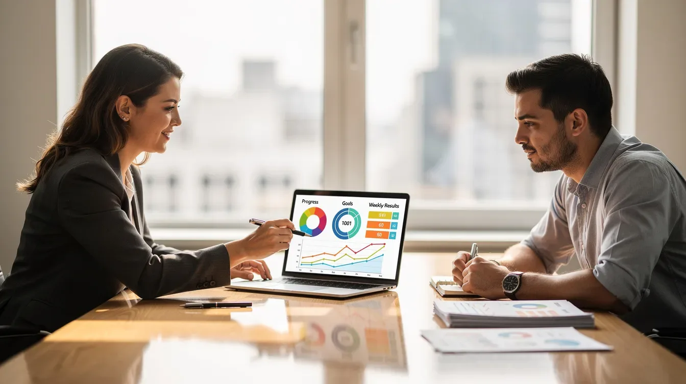 A coach and client are seated at a desk, focused on a laptop screen displaying progress charts related to their coaching sessions. This scene highlights the coaching process, emphasizing the importance of client management and tracking progress within a coaching business.