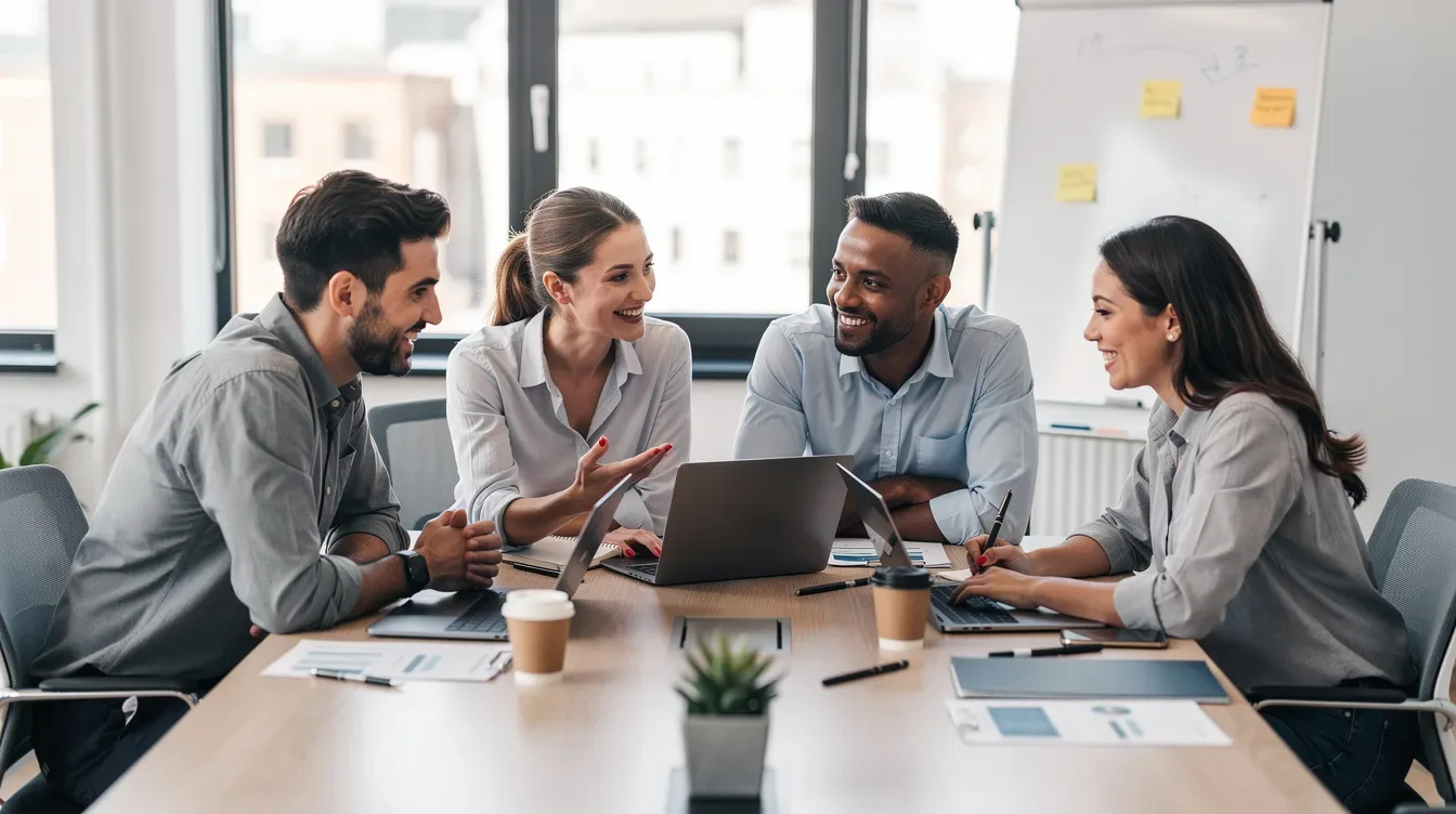 A small team of coaches collaborates around a conference table, each with their laptops open, discussing strategies for their coaching practice. They are focused on improving their coaching business using various digital tools and coaching software to enhance client management and streamline their sessions.
