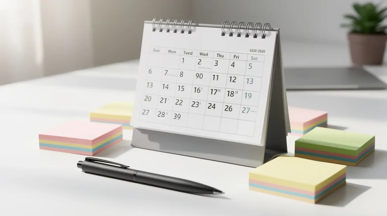 The image features a vibrant workspace with a desk calendar displaying the current month, surrounded by colorful sticky notes and a pen, ideal for organizing coaching sessions and client management. This setup reflects a successful coaching business environment, emphasizing the importance of planning and tracking progress in coaching practices.