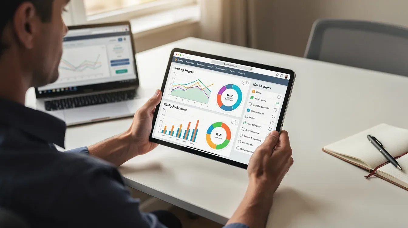 An individual is seated while using a tablet to review their coaching progress dashboard, which displays various charts and action items related to their coaching practice. This user-friendly coaching software allows them to track progress, manage active clients, and enhance the overall client experience in their coaching business.