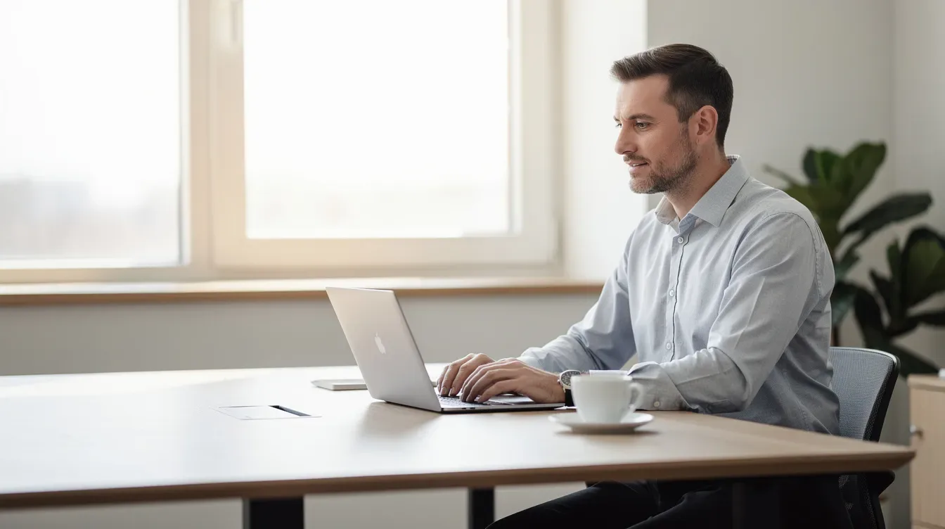 The image depicts a leadership coach seated at a sleek, modern desk, intently working on a laptop, with a steaming coffee cup nearby. This setting reflects the organized and efficient atmosphere of a successful coaching business, where tools for client management and coaching sessions are readily accessible.