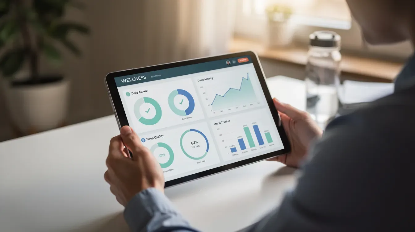 A person is sitting at a table, using a tablet to view a wellness dashboard that displays various charts illustrating their progress over time. This interface is designed for health and wellness coaches to track client progress and manage their health coaching business effectively.