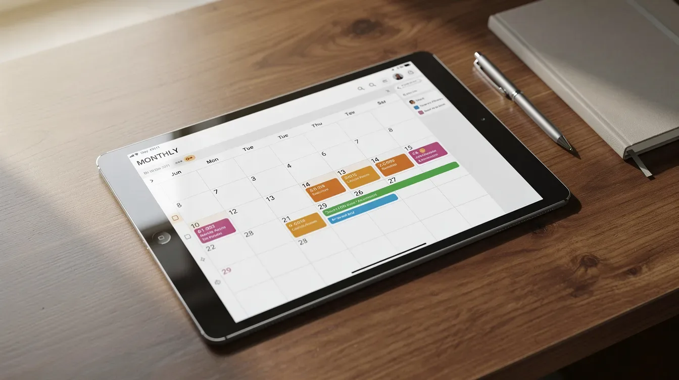 The image shows a digital calendar on a tablet screen, resting on a wooden desk, which illustrates a user-friendly tool for scheduling appointments and managing sessions in a coaching business. This setup highlights the convenience of using a comprehensive platform like Paperbell to streamline administrative tasks and enhance client management.
