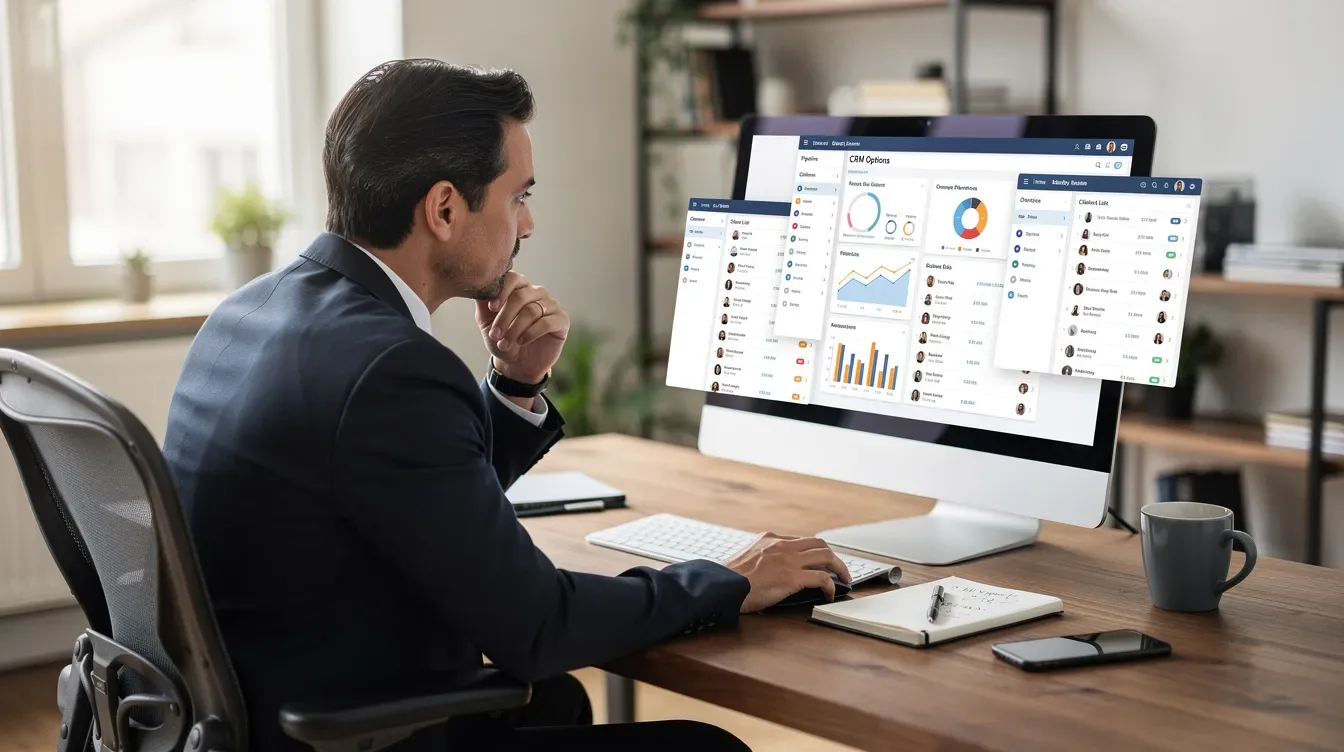 The image shows a coach sitting at a desk, intently focused on a computer screen displaying various CRM software options for managing client relationships in their coaching business. The screen highlights features like marketing automation, client communication, and progress tracking, essential for growing their life coaching business efficiently.