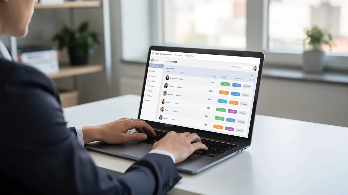 The image shows a professional focused on their laptop, which displays a customer management dashboard featuring various metrics and analytics related to sales processes and marketing campaigns. This setup illustrates how the entire team can leverage actionable insights and automated workflows to enhance customer experience and drive revenue growth.