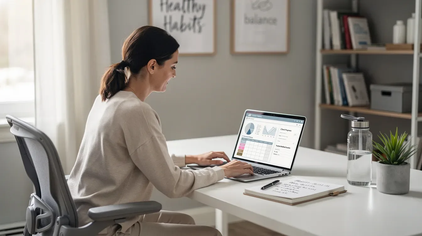 A health coach is seated at a modern desk, attentively reviewing client information on a laptop, set in a calm office environment. This scene reflects the essential role of health and wellness coaches in managing client progress and communication within the health coaching business.