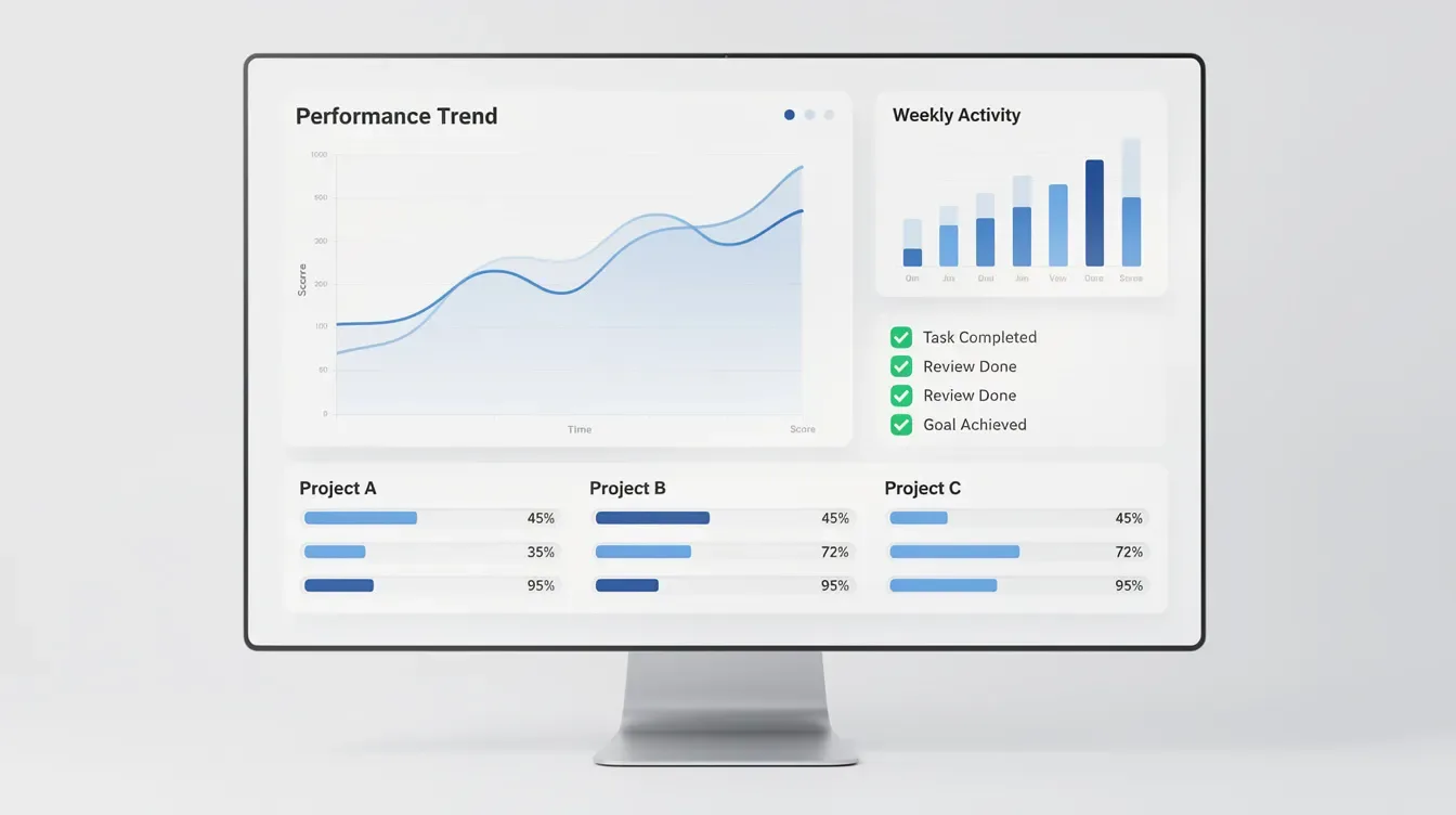 The image displays a digital dashboard designed for coaching businesses, featuring trend charts, completed action checkmarks, and progress bars to track client engagement and progress. This user-friendly platform serves professional coaches by providing comprehensive tools for client management and coaching sessions.