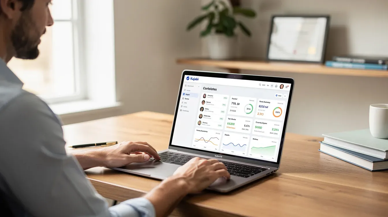 The image shows a coach seated at a desk, focused on his computer screen displaying the Kajabi CRM interface, which features various marketing tools for selling online courses. This all-in-one platform offers advanced marketing automation features and course creation tools, ideal for course creators and coaching businesses.
