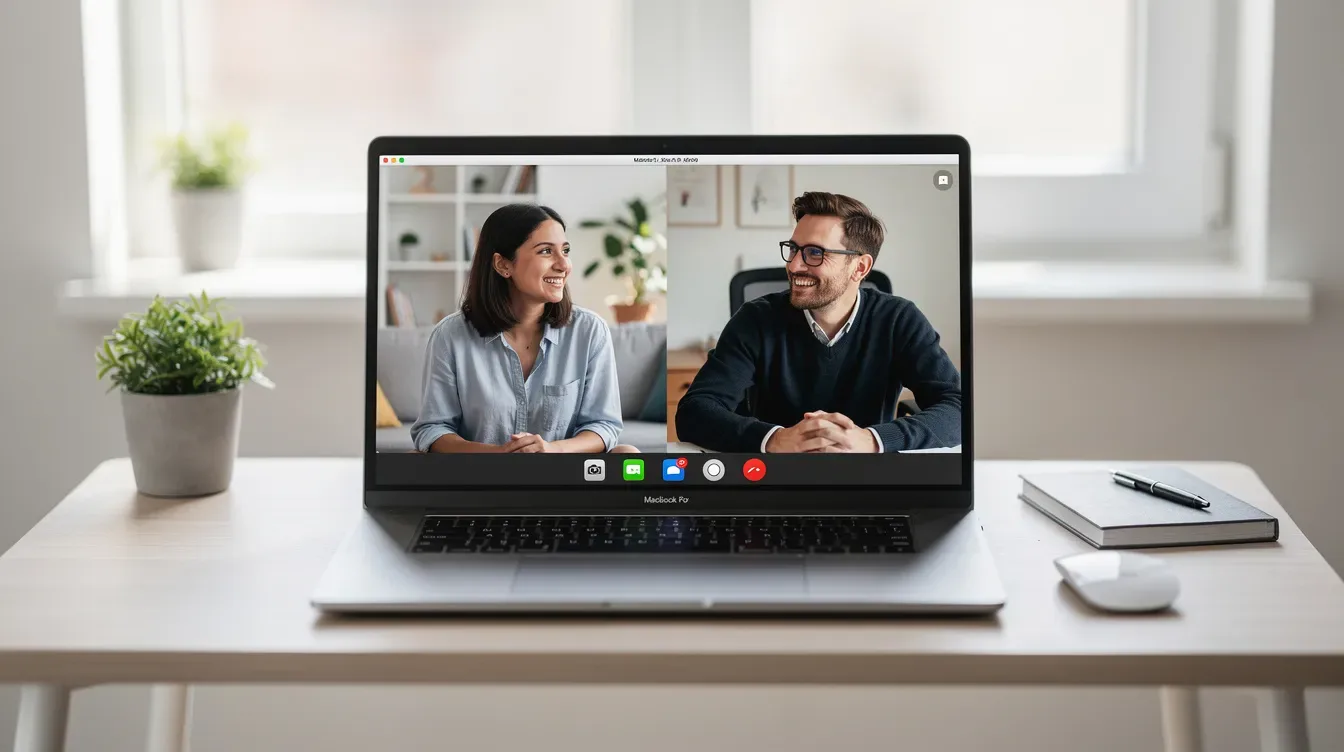 The image shows two individuals engaged in a video call on a laptop screen, set in a bright home office environment, highlighting the connection and collaboration often found in online coaching sessions. This scene reflects the use of a user-friendly online coaching platform, enabling professional coaches to manage client relationships and track progress effectively.