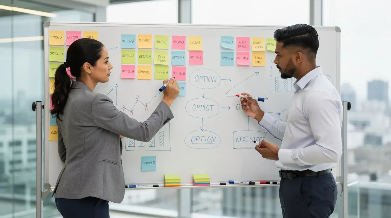 Two professionals are engaged in a discussion while comparing options on a whiteboard filled with sticky notes and markers, likely brainstorming ideas for a coaching business or practice. They are focused on utilizing digital tools and coaching software to enhance their client management and professional training strategies.