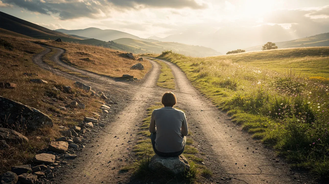 The image depicts a person sitting at a crossroads, contemplating two different paths that lead into a vibrant and bright landscape, symbolizing the choices in their coaching journey. This scene reflects the essence of personal development and decision-making, essential for professional coaches navigating their coaching practice.