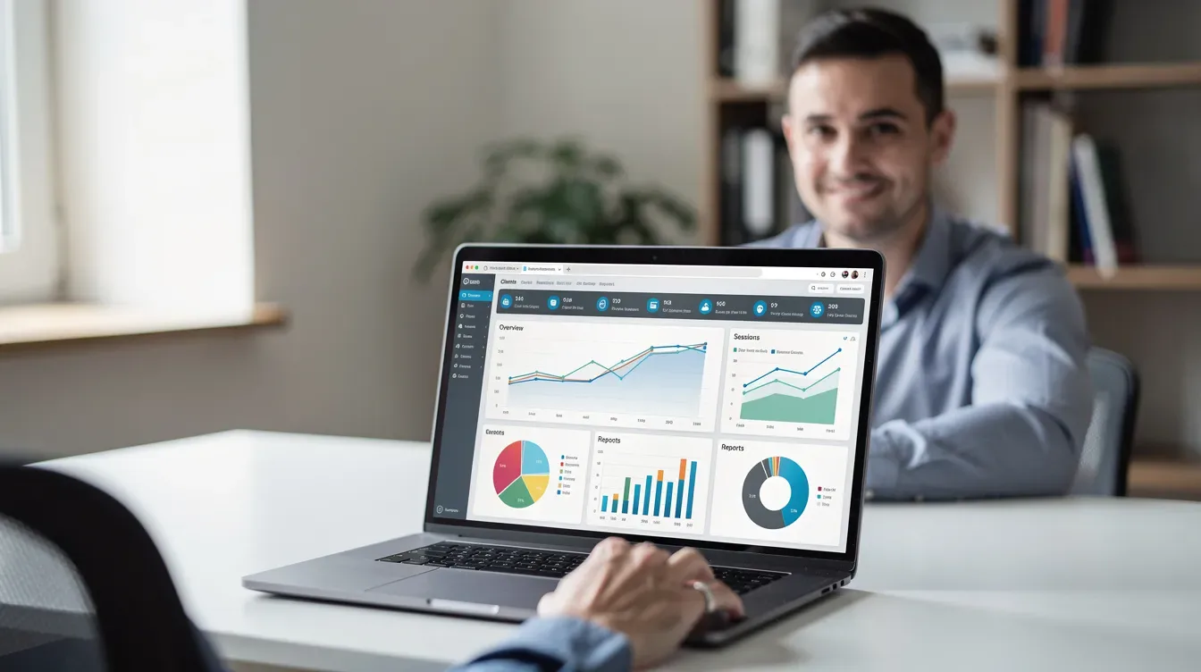 The image shows a business coach seated at a desk with an open laptop displaying a comprehensive dashboard filled with various tabs and charts, illustrating key metrics for their coaching business. This setup highlights the use of coaching tools and marketing automation for managing clients, nurturing leads, and delivering online courses efficiently.