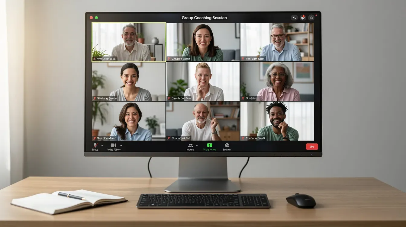 The image shows multiple people participating in a group coaching session displayed on a large monitor, highlighting the collaborative nature of online coaching programs. This scene emphasizes the use of the Kajabi platform for managing coaching sessions and connecting with clients effectively.