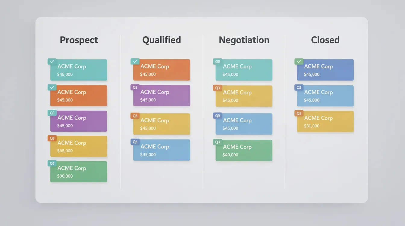 The image features a Kanban-style board filled with colorful cards that represent various deal stages within a sales funnel, illustrating the workflow of a sales team. This visual tool aids in tracking sales activities and optimizing marketing campaigns, providing actionable insights for effective revenue growth.