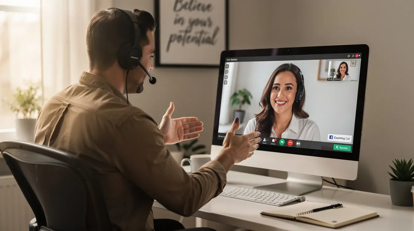 The image shows a life coach engaged in a video conference with a student, using a computer screen to facilitate the coaching session. This visual highlights the importance of client communication and managing client relationships in the coaching business, showcasing the integration of technology in the coaching industry.