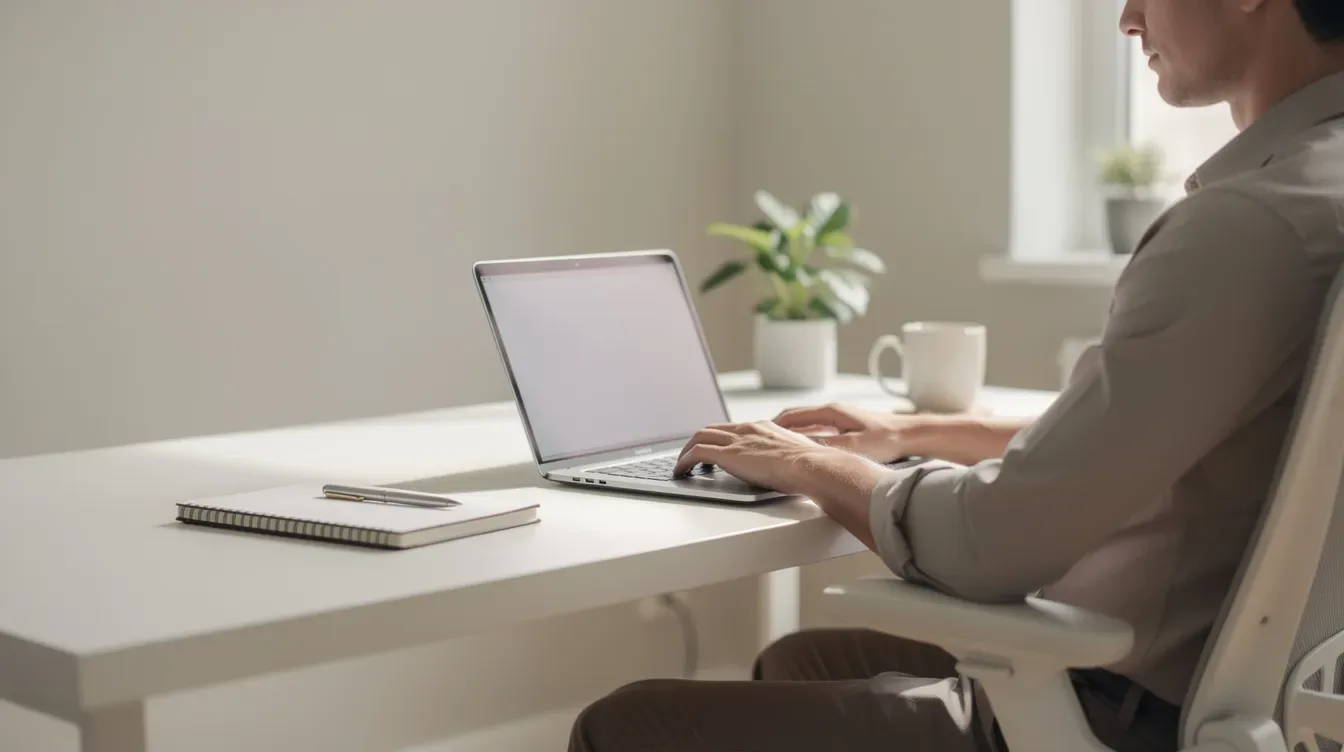 A person is focused on their laptop at a clean, minimalist home office desk, accompanied by a coffee mug and a notebook, creating a serene workspace ideal for managing their coaching business. This setup reflects a user-friendly environment where they can efficiently handle administrative tasks and engage with clients through various online coaching programs.