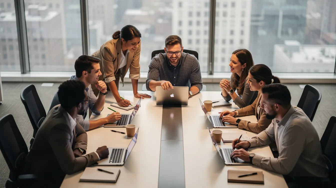 A coaching team collaborates around a conference table, each member focused on their laptops as they discuss strategies for enhancing sales processes and marketing campaigns. The entire team engages in data-driven decisions to deliver actionable insights that will optimize their coaching services and drive revenue growth.