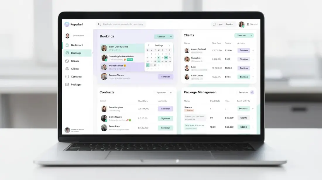 The image shows a screenshot of the Paperbell dashboard, featuring an organized interface that includes sections for bookings, client management, contracts, and coaching packages, all designed to help online coaches efficiently manage their coaching business. This user-friendly platform allows you to sell coaching online with features like scheduling software, contract signing, and flexible payment plans.