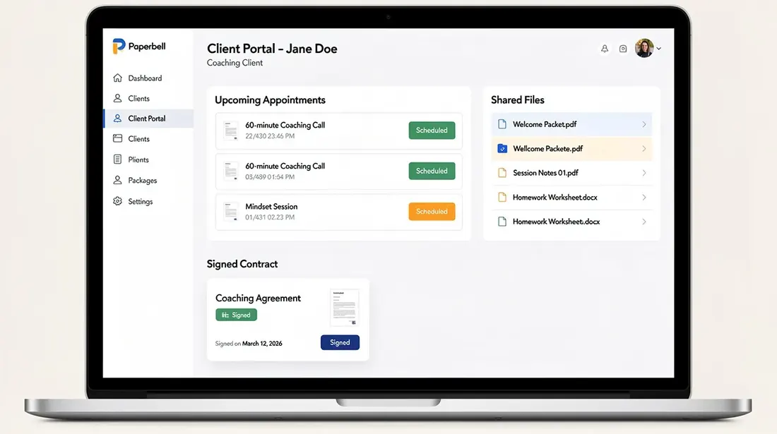 The image shows a screenshot of a client portal within the Paperbell site, displaying upcoming appointments, shared files, and a signed contract for a single coaching client. This intuitive coach tool is designed to streamline client management for online coaches, making it easy to sell coaching packages and manage scheduling with just a few clicks.
